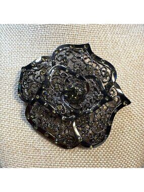 VTG Black Filigree Flower Pin w Green Rhinestones Elegant Statement Brooch